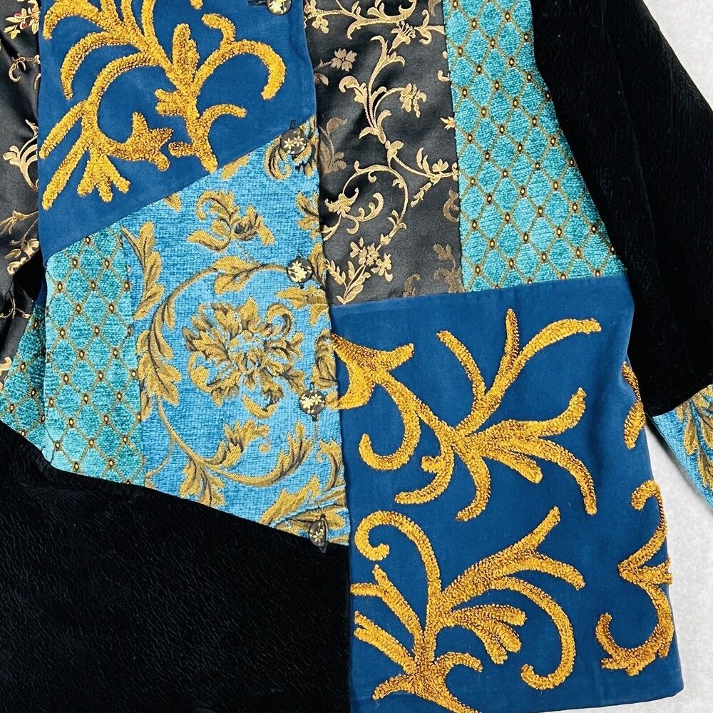 Indigo Moon Velvet Blazer Womens Medium Teal Black Embroidered Jacket - Picture 5 of 13